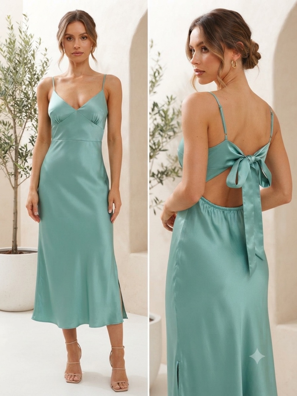 Zara Teal Satin Slip Dress with Spaghetti Straps